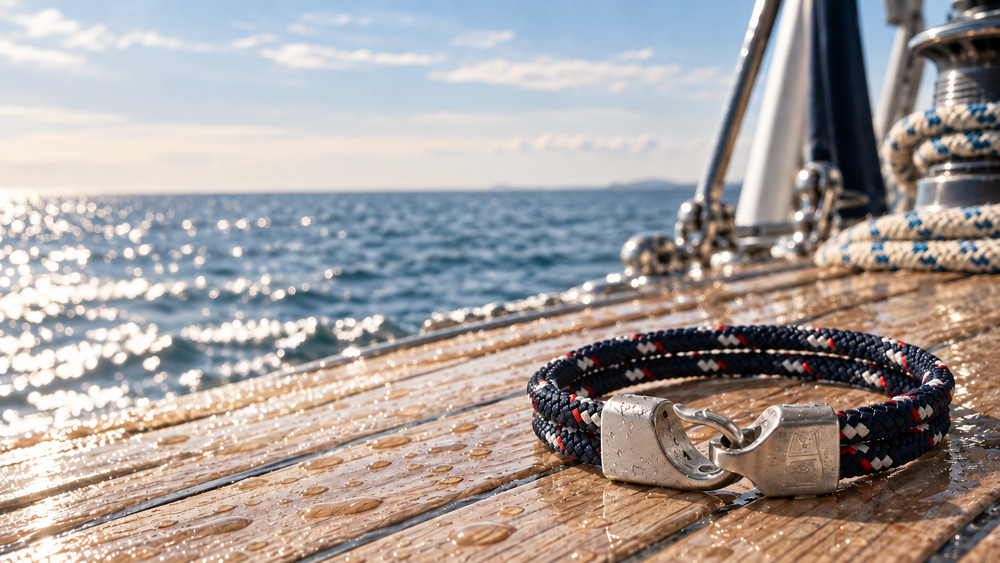 Lemon & Line navy marine-grade rope bracelet with burgee-engraved stainless steel clasp on a wet teak sailboat deck