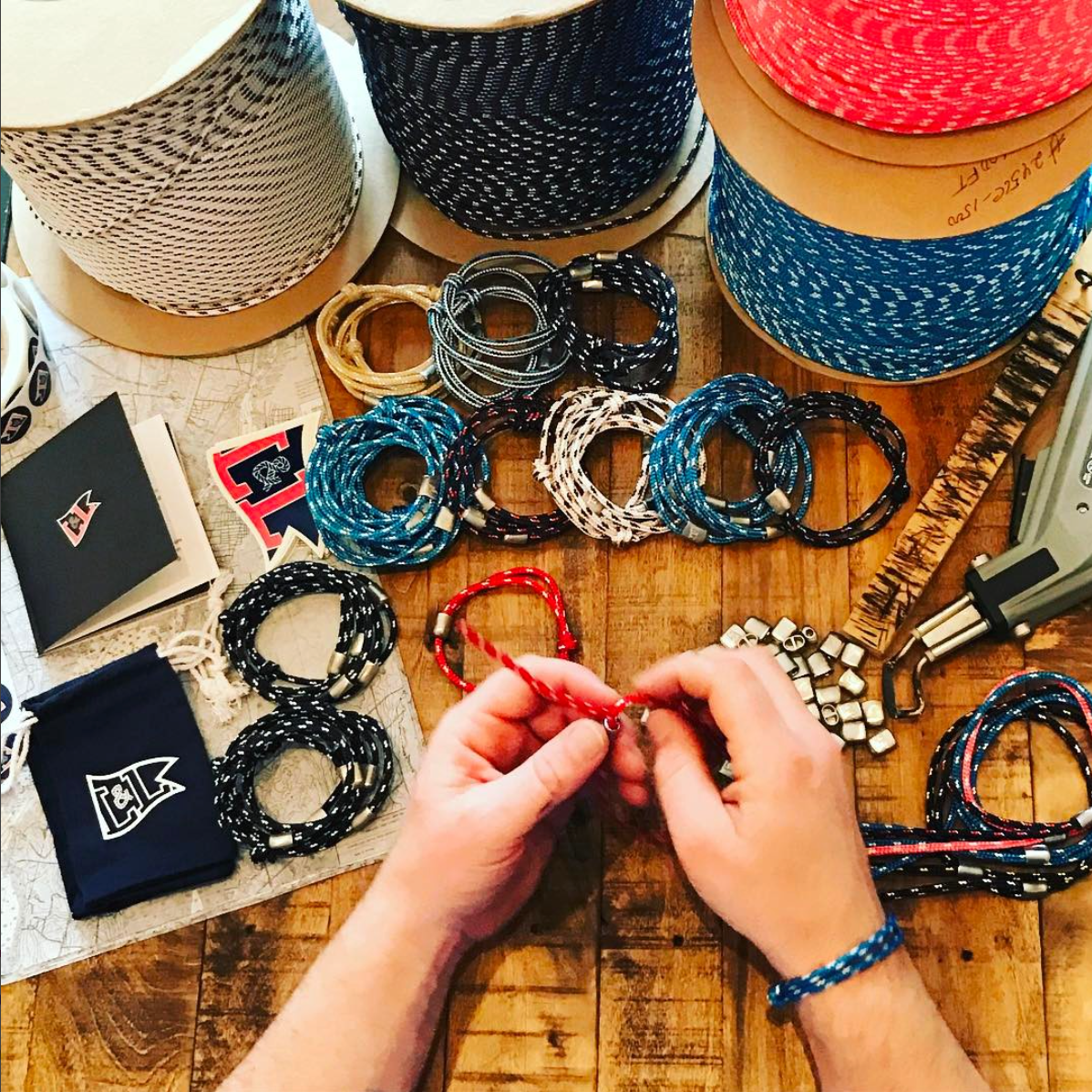 A Lemon and Line rope bracelet being handcrafted in the Newport, Rhode Island studio