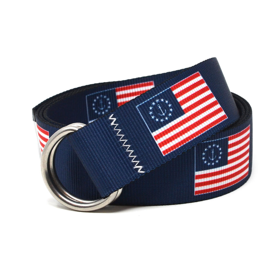 Ensign Horizons Flag Belt: A 1.5" marine-grade webbing regatta belt with signature zig-zag stitching and 316L stainless steel D-rings.