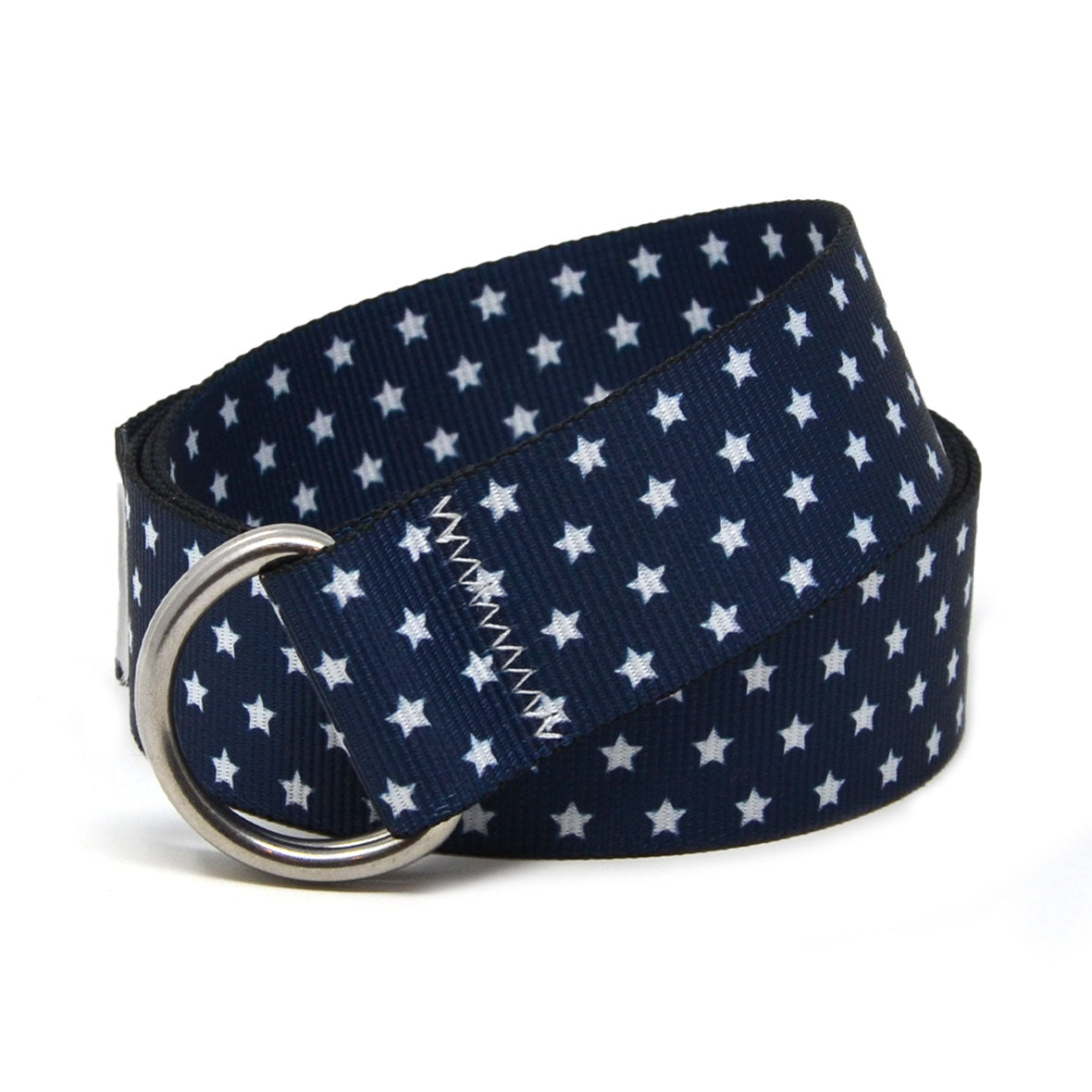 Union Jack Belt: A nautical star-patterned 1.5" marine-grade webbing belt with signature zig-zag stitching and 316L stainless steel d-rings