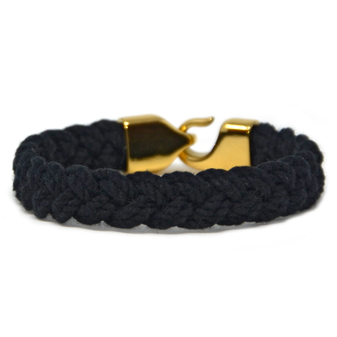 Limited Drop Turks Head Black Pearl bracelet in 100% cotton with a 14k gold-plated hook clasp.