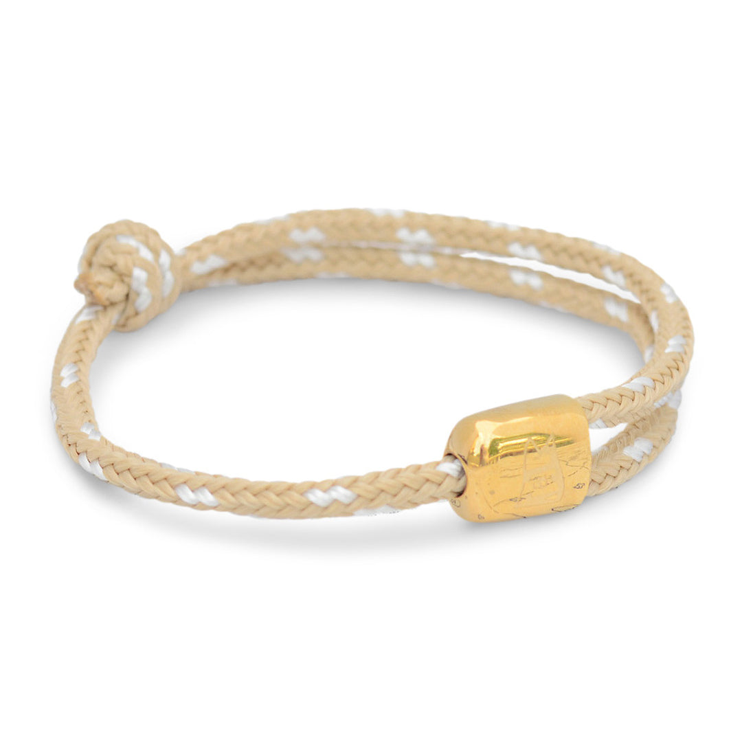 Limited Edition Cuttyhunk: An adjustable sand nautical rope bracelet in custom USA-made double braid line with gold-plated 316L stainless steel hardware.
