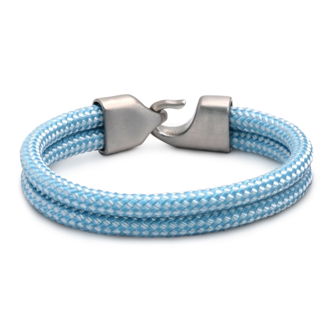 The Nantucket Collection: A hydrangea blue and white diamond braid hitch nautical rope bracelet featuring a 316L stainless steel clasp and custom USA-made line.