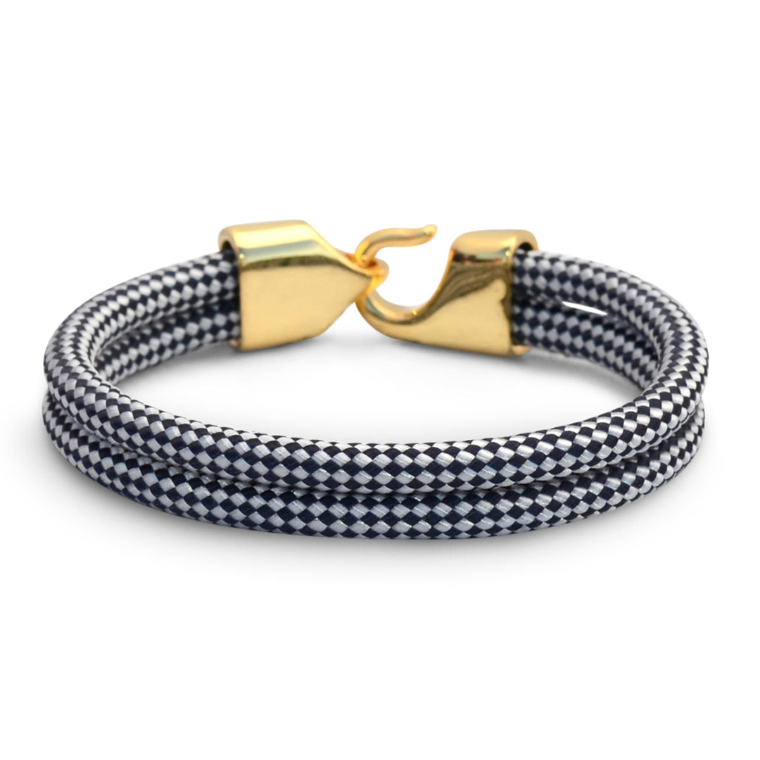 Limited Edition Nantucket Collection: A navy diamond braid hitch nautical rope bracelet with gold-plated 316L stainless steel hardware and custom USA-made line.