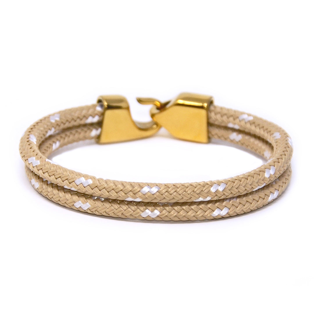 Limited Edition Newport Collection: A sand and white double braid hitch nautical rope bracelet with gold-plated 316L stainless steel hardware and custom USA-made line.