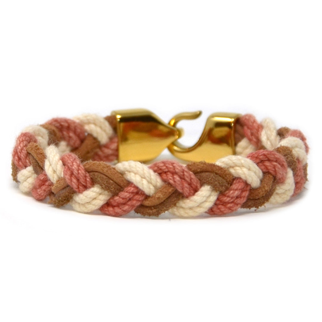 Limited Drop Turks Head Madaket bracelet in Nantucket red and oyster cotton with tan leather and a 14k gold-plated hook clasp.