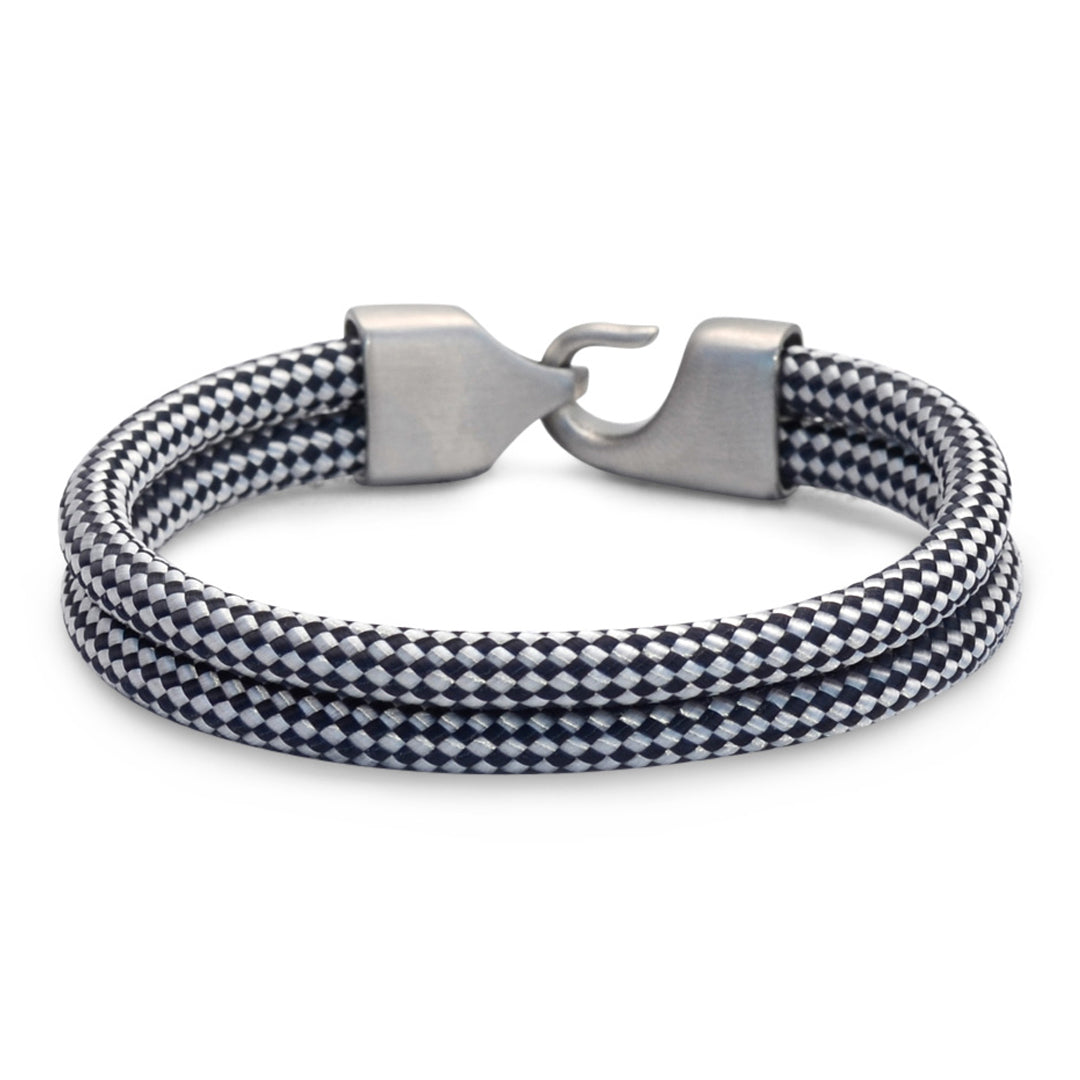 The Nantucket Collection: A navy diamond braid hitch nautical rope bracelet featuring a 316L stainless steel clasp and custom USA-made line.