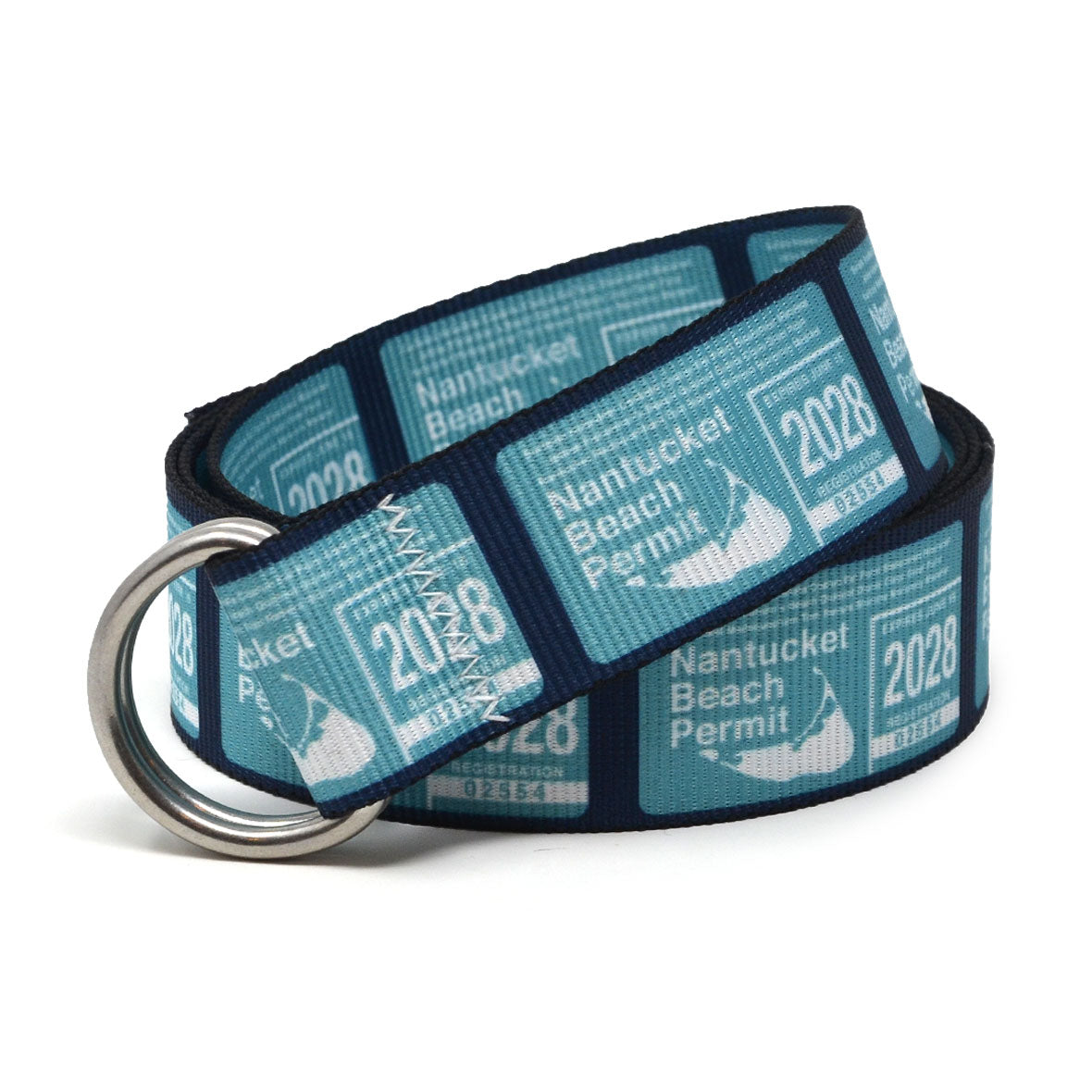 Nantucket Beach Permit Belt: A navy blue 1.5" marine-grade webbing belt featuring signature zig-zag stitching and 316L stainless steel d-rings.