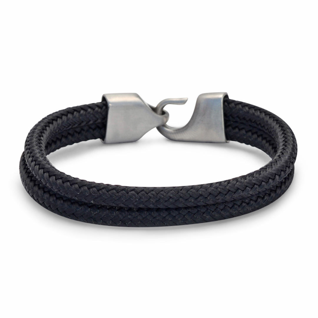 The Newport Collection: A black double braid hitch nautical rope bracelet featuring a 316L stainless steel clasp and custom USA-made line.