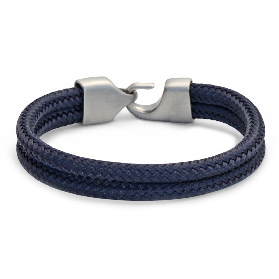The Newport Collection: A navy blue double braid hitch nautical rope bracelet featuring a 316L stainless steel clasp and custom USA-made line.