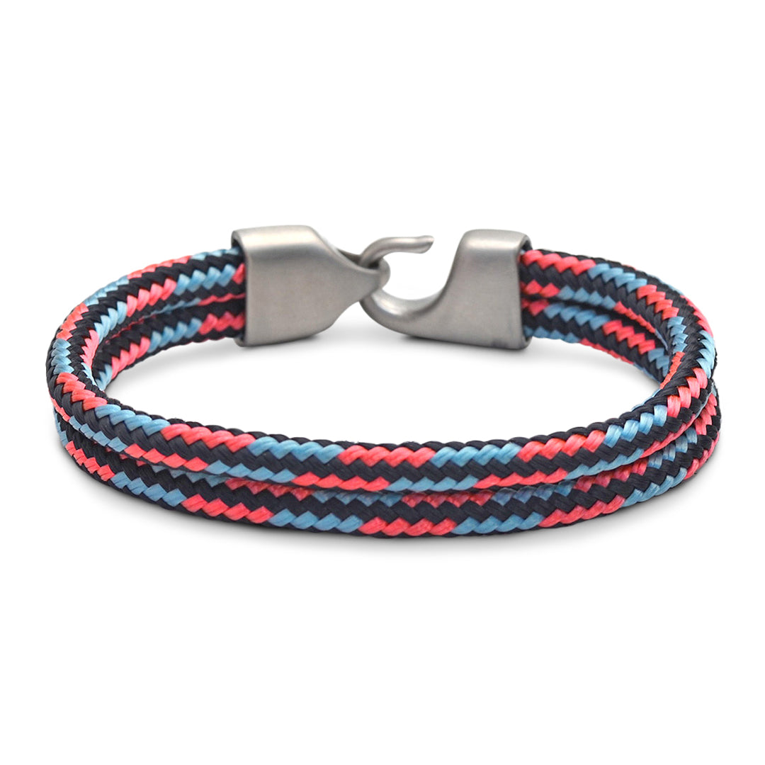 The Newport Collection: A navy, light blue and coral double braid hitch nautical rope bracelet featuring a 316L stainless steel clasp and custom USA-made line.