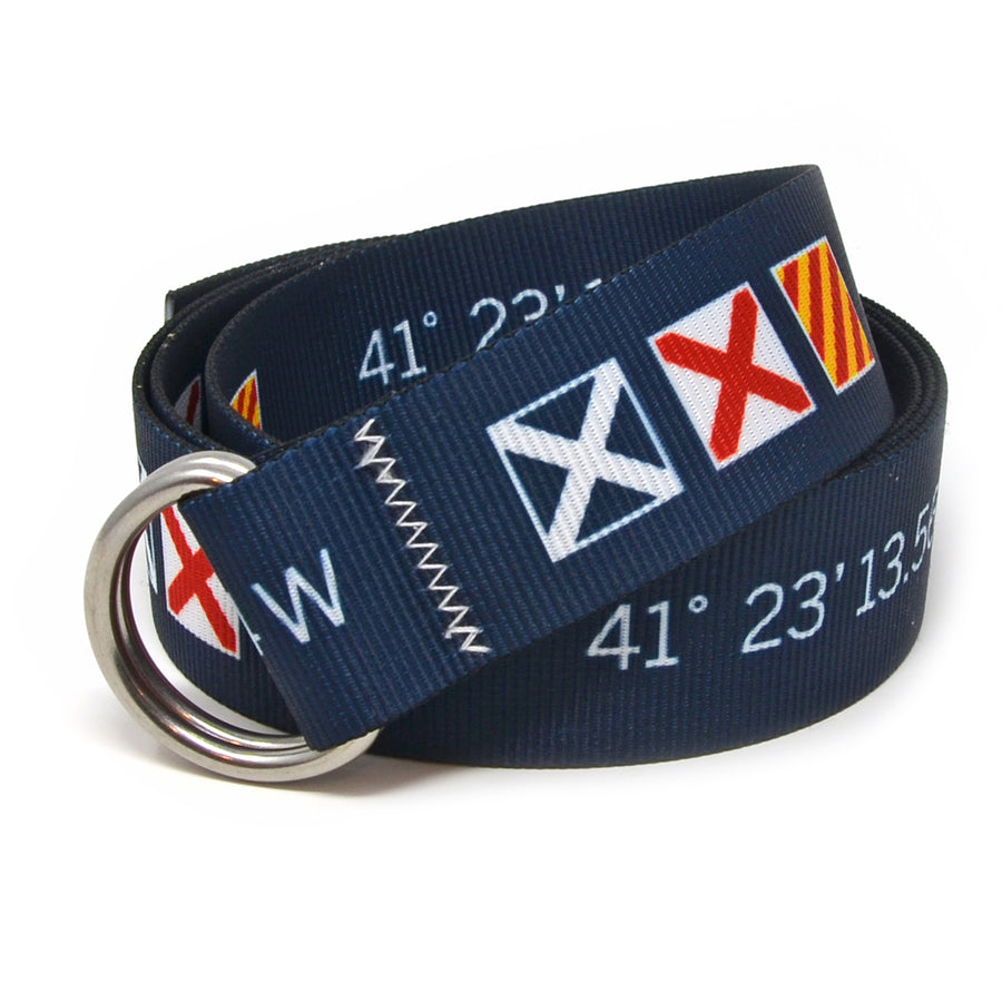 MVY Signal Flag Belt: Marthas Vineyard signal flags and latitude and longitude 1.5" marine-grade webbing belt with signature zig-zag stitching and 316L stainless steel d-rings.