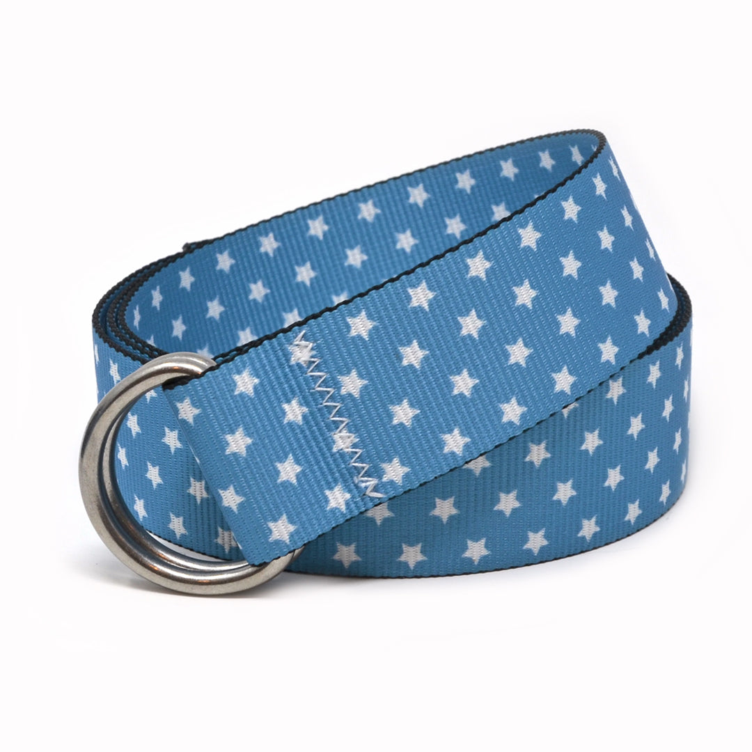 Union Jack Belt: A nautical star-patterned 1.5" marine-grade webbing belt with signature zig-zag stitching and 316L stainless steel d-rings