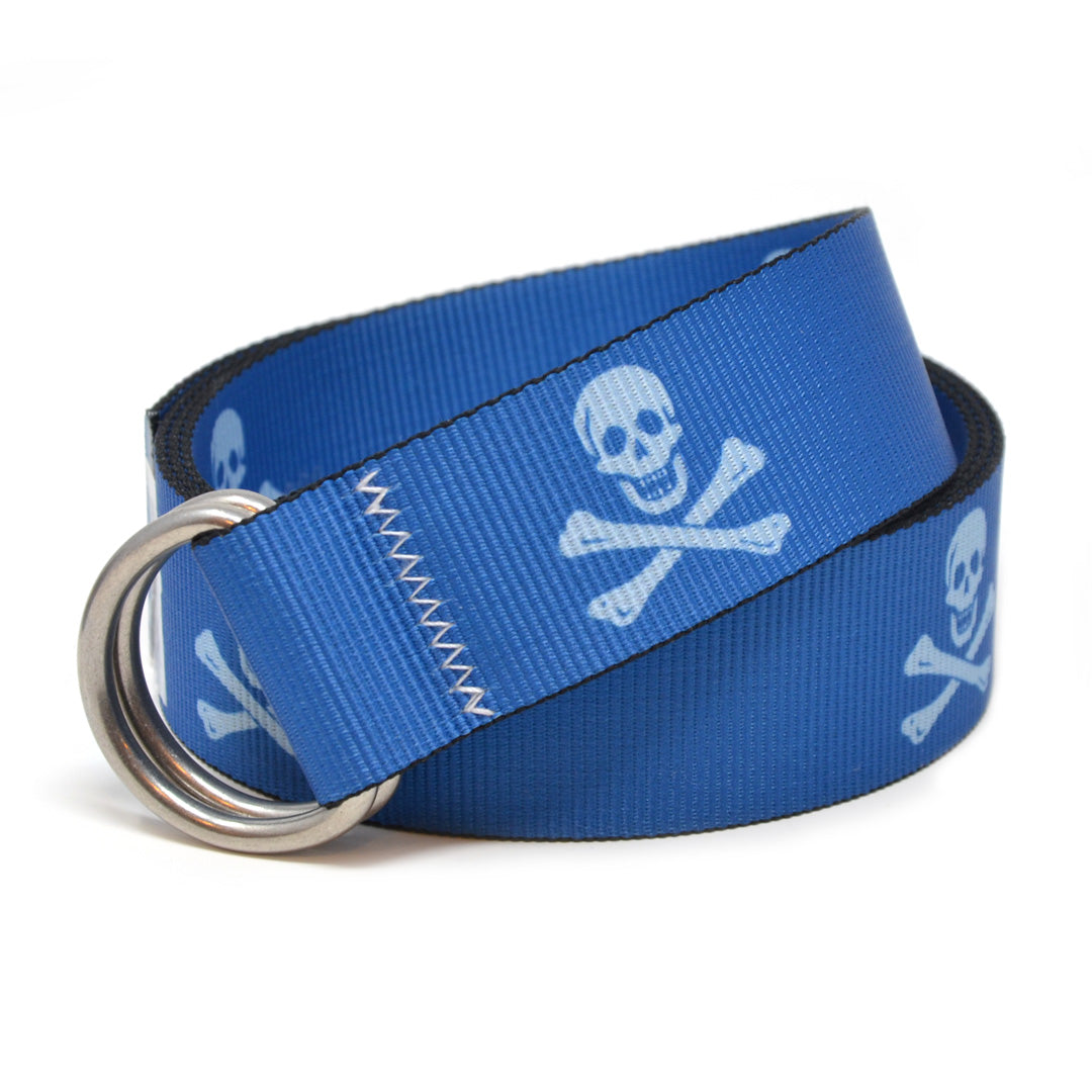 Jolly Roger Ruggles Blue Belt: A sea blue 1.5" marine-grade webbing belt featuring signature zig-zag stitching and 316L stainless steel d-rings.