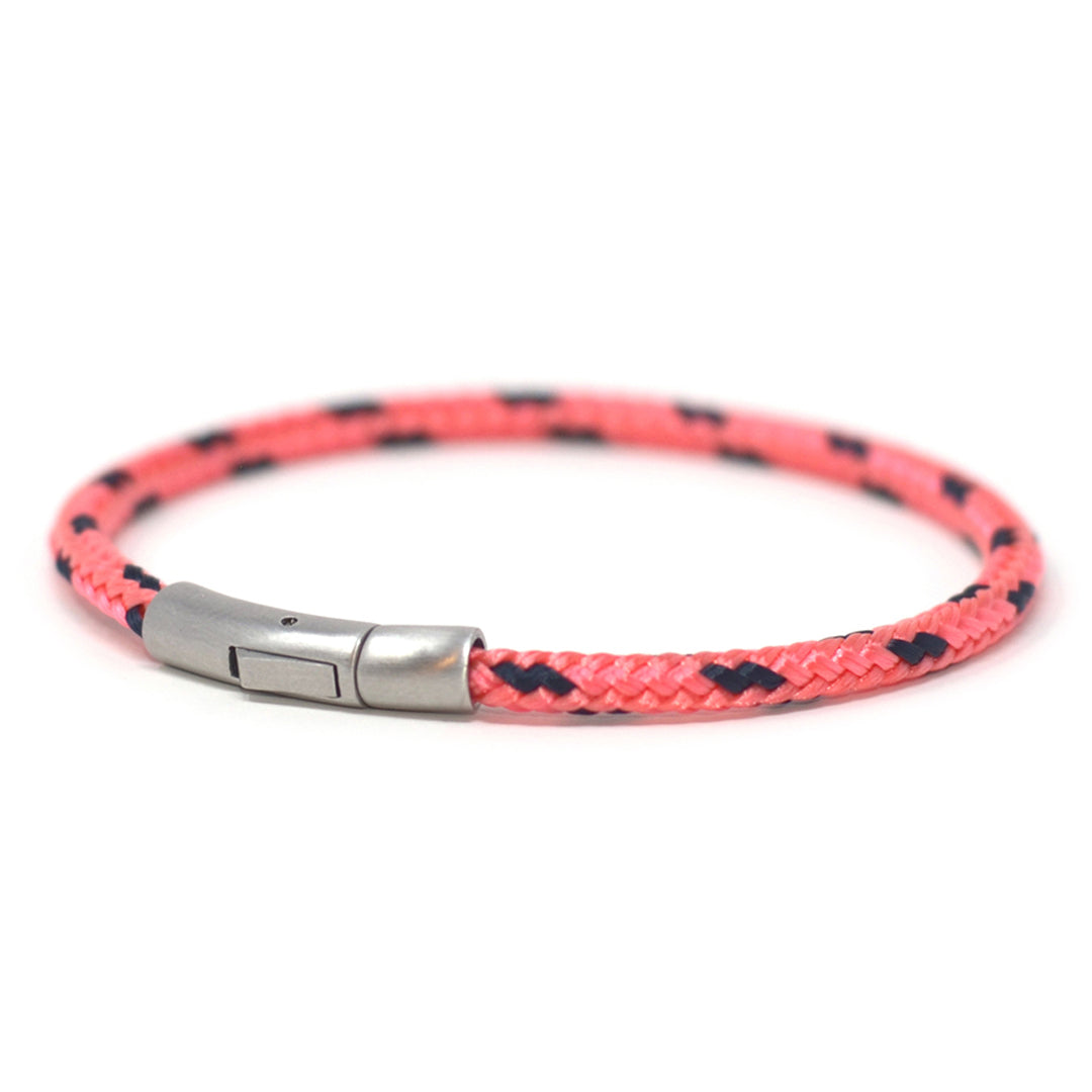 The Chatham Collection: A streamlined coral pink and navy nautical bracelet handcrafted with custom USA-made line and 316L stainless steel hardware by Lemon & Line.