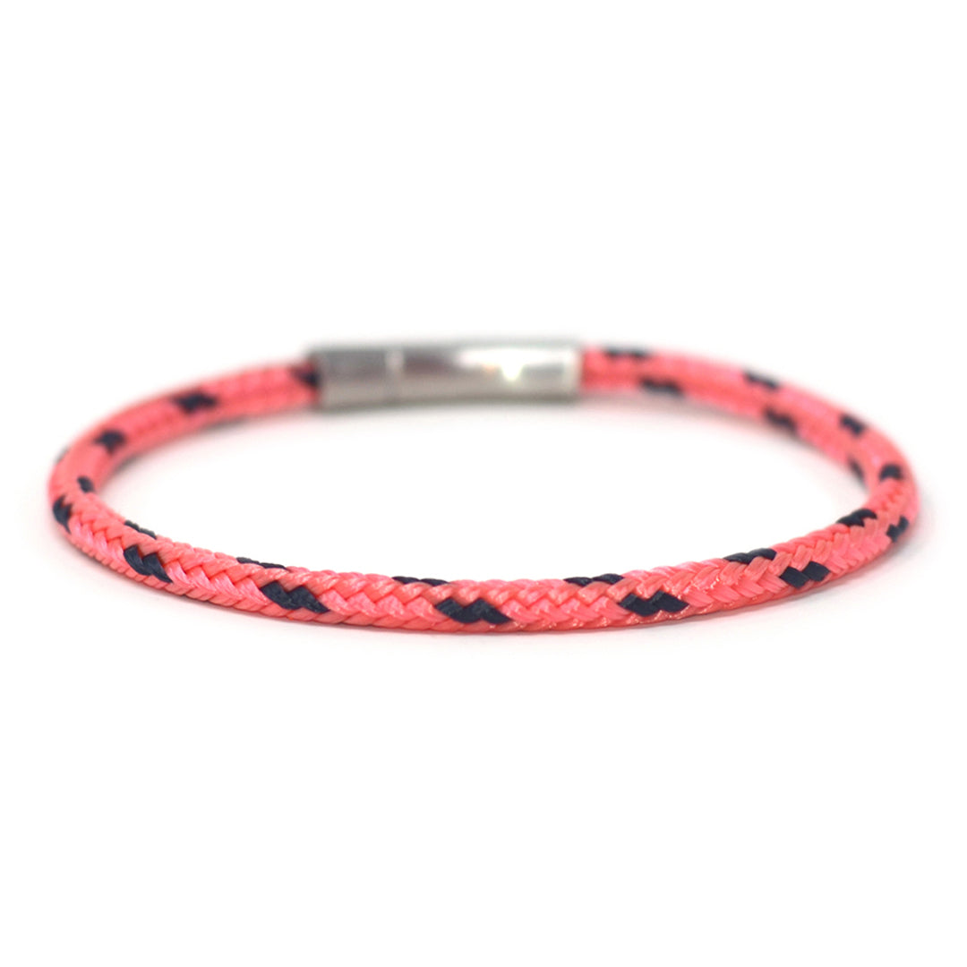 The Chatham Collection: A streamlined coral pink and navy nautical bracelet handcrafted with custom USA-made line and 316L stainless steel hardware by Lemon & Line.