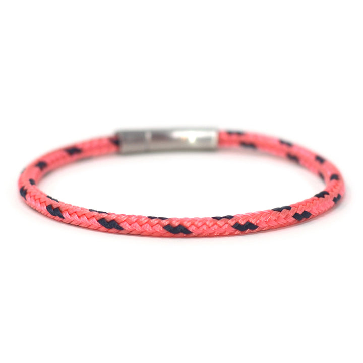 The Chatham Collection: A streamlined coral pink and navy nautical bracelet handcrafted with custom USA-made line and 316L stainless steel hardware by Lemon & Line.