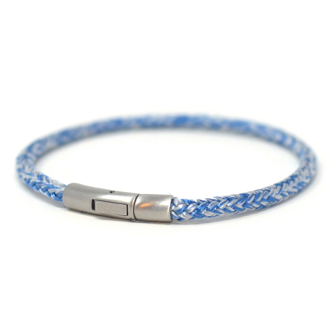 Chatham Clean Ocean nautical bracelet handcrafted with bright blue and white line made from 100% recycled plastic bottles and signature 316L stainless steel hardware
