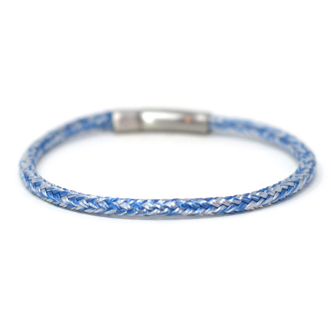 Chatham Clean Ocean nautical bracelet handcrafted with bright blue and white line made from 100% recycled plastic bottles and signature 316L stainless steel hardware