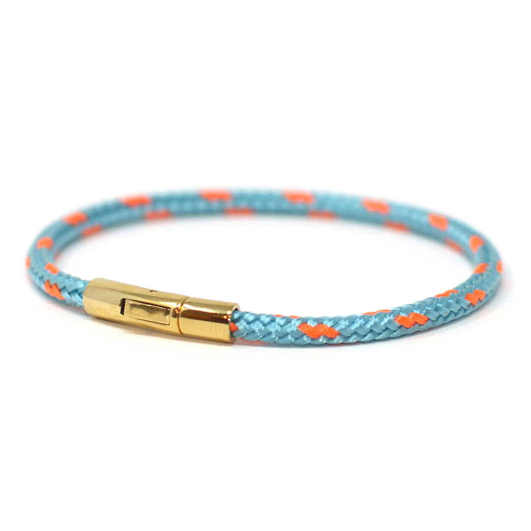 The Chatham Collection: A streamlined light blue and orange nautical bracelet handcrafted with custom USA-made line and 316L gold stainless steel hardware by Lemon & Line.