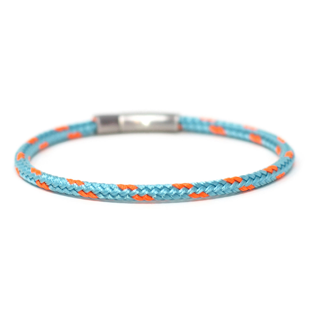 The Chatham Collection: Our streamlined light blue and orange nautical rope bracelet featuring a 316L stainless steel clasp and custom USA-made line.