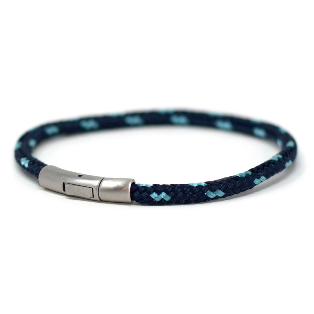 The Chatham Collection: A streamlined navy and light blue nautical bracelet handcrafted with custom USA-made line and 316L stainless steel hardware by Lemon & Line.