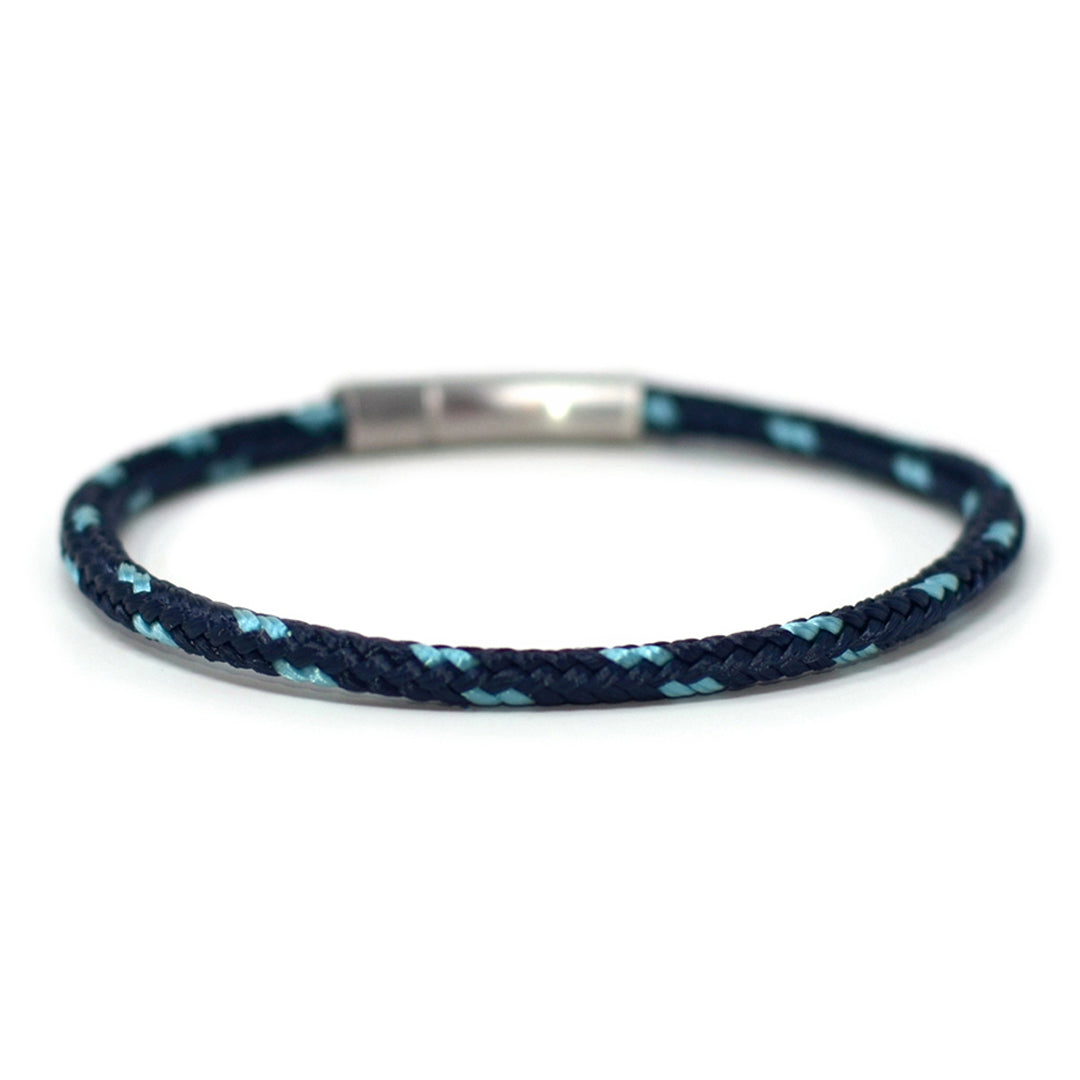 The Chatham Collection: A streamlined navy and light blue nautical bracelet handcrafted with custom USA-made line and 316L stainless steel hardware by Lemon & Line.