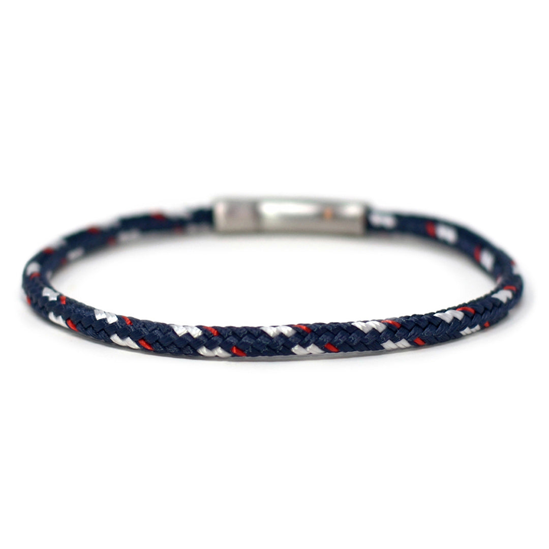 The Chatham Collection: Our streamlined navy blue white and red nautical rope bracelet featuring a 316L stainless steel clasp and custom USA-made line.