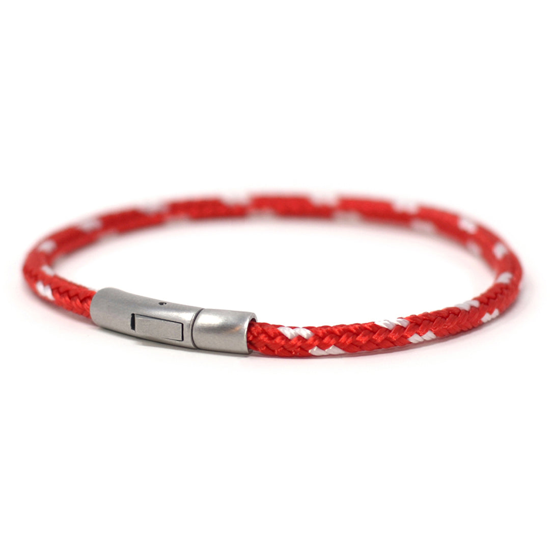 The Chatham Collection: Our streamlined red and white nautical rope bracelet featuring a 316L stainless steel clasp and custom USA-made line.