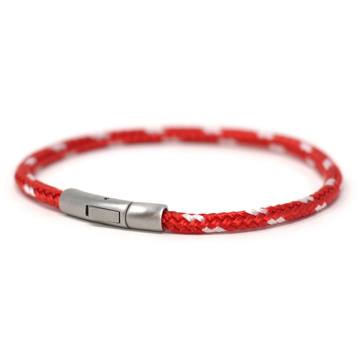 The Chatham Collection: Our streamlined red and white nautical rope bracelet featuring a 316L stainless steel clasp and custom USA-made line.
