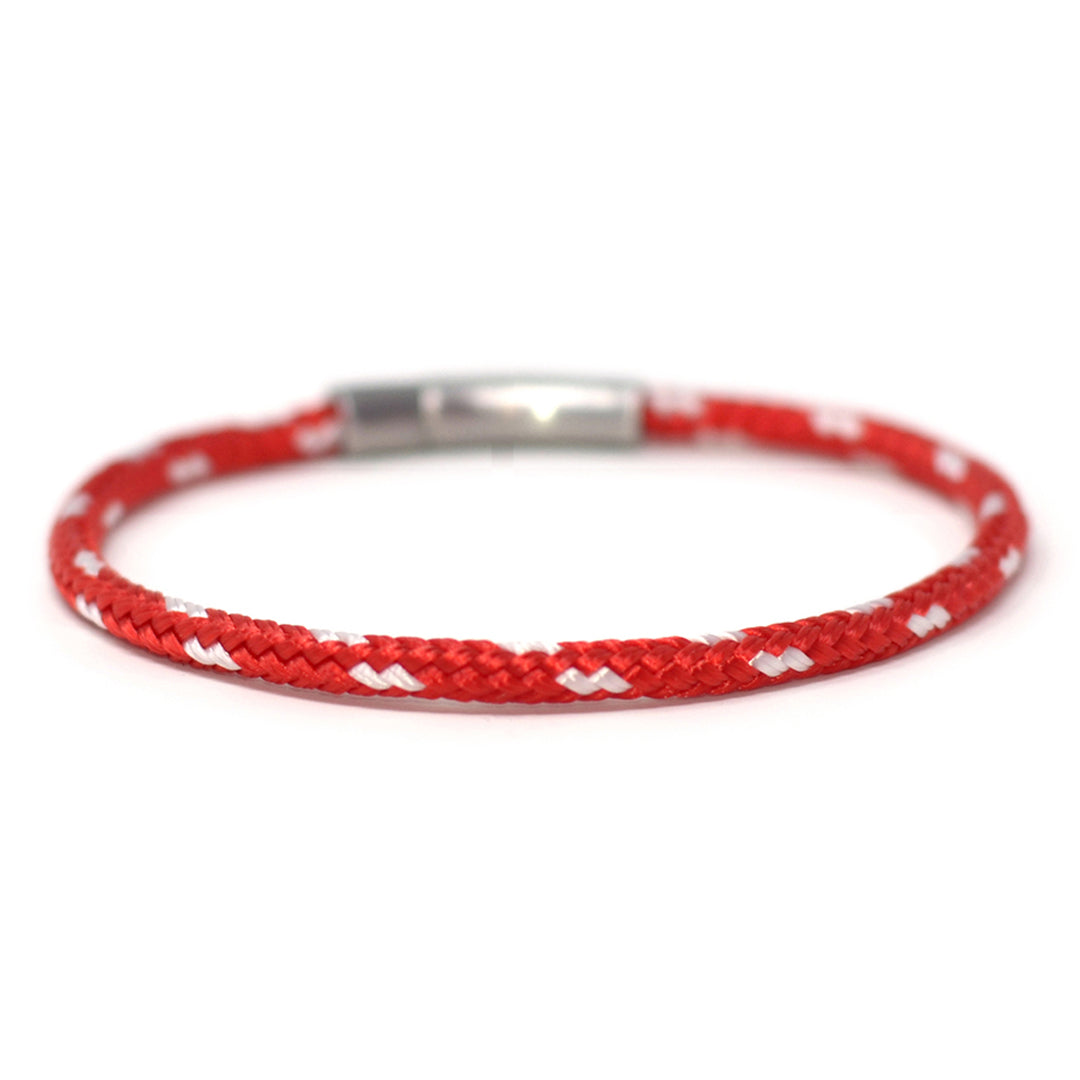 The Chatham Collection: Our streamlined red and white nautical rope bracelet featuring a 316L stainless steel clasp and custom USA-made line.