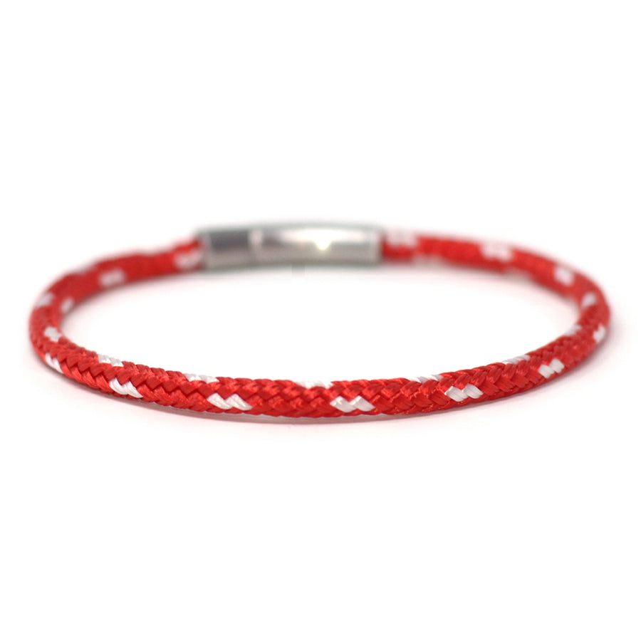 The Chatham Collection: Our streamlined red and white nautical rope bracelet featuring a 316L stainless steel clasp and custom USA-made line.