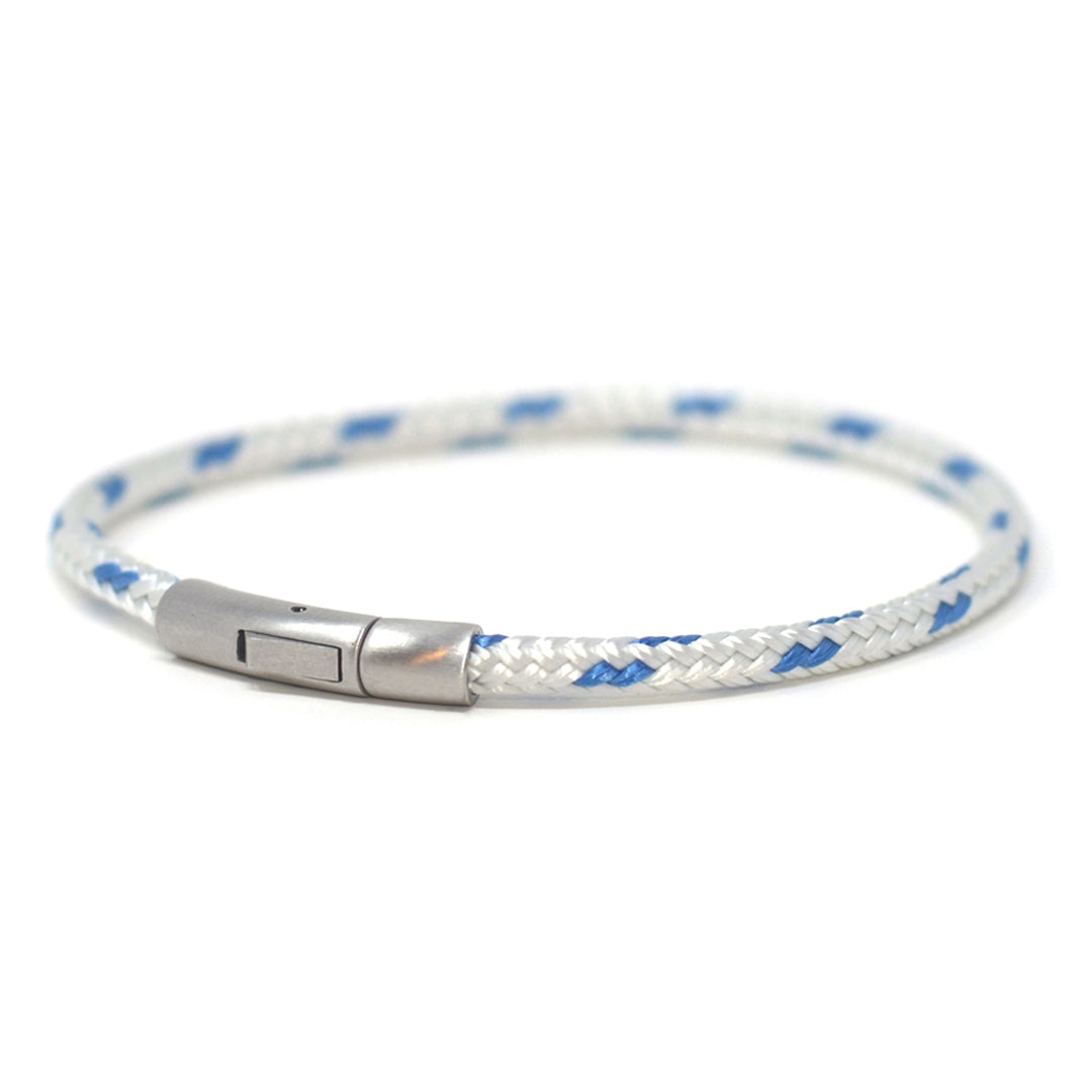 Chatham Clean Ocean nautical bracelet handcrafted with white and bright blue line made from 100% recycled plastic bottles and signature 316L stainless steel hardware.