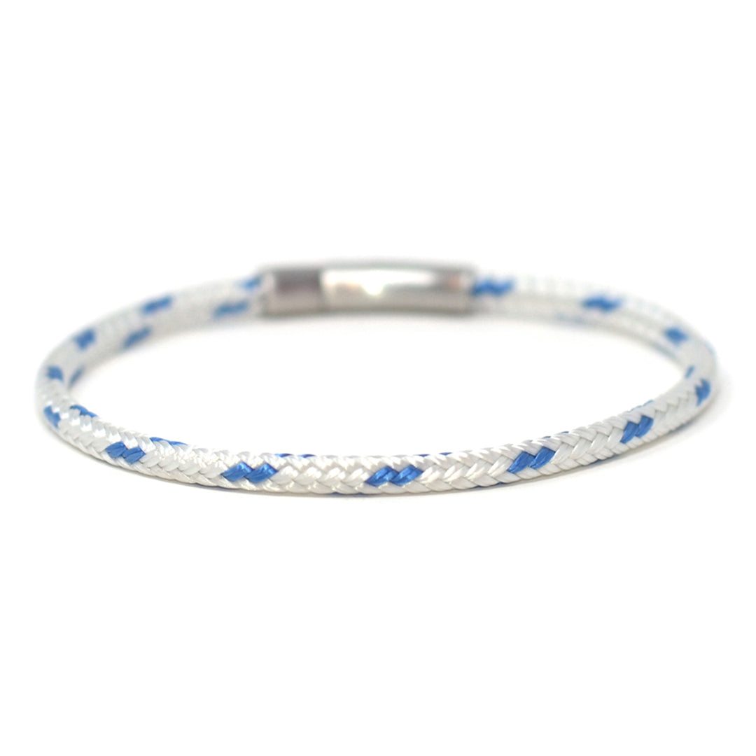 Chatham Clean Ocean nautical bracelet handcrafted with white and bright blue line made from 100% recycled plastic bottles and signature 316L stainless steel hardware.