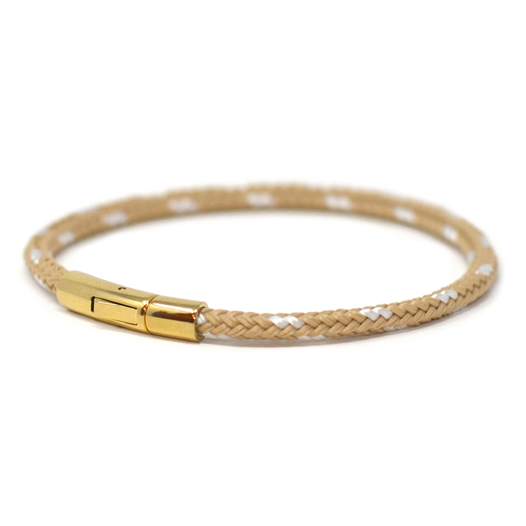 The Chatham Collection: A streamlined tan and white nautical bracelet handcrafted with custom USA-made line and 316L gold stainless steel hardware by Lemon & Line.