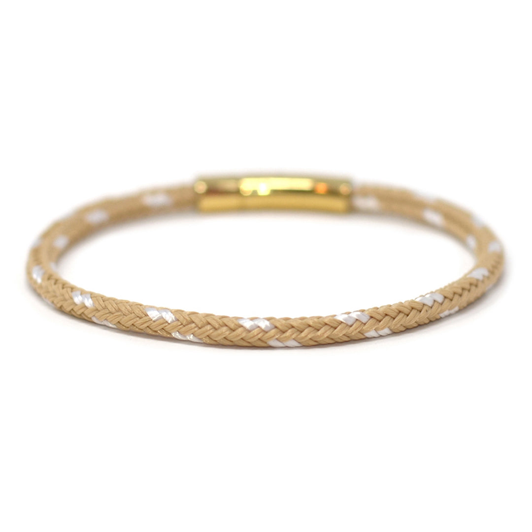 The Chatham Collection: A streamlined tan and white nautical bracelet handcrafted with custom USA-made line and 316L gold stainless steel hardware by Lemon & Line.