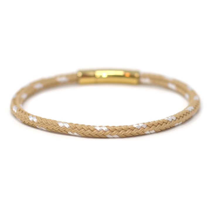 The Chatham Collection: A streamlined tan and white nautical bracelet handcrafted with custom USA-made line and 316L gold stainless steel hardware by Lemon & Line.