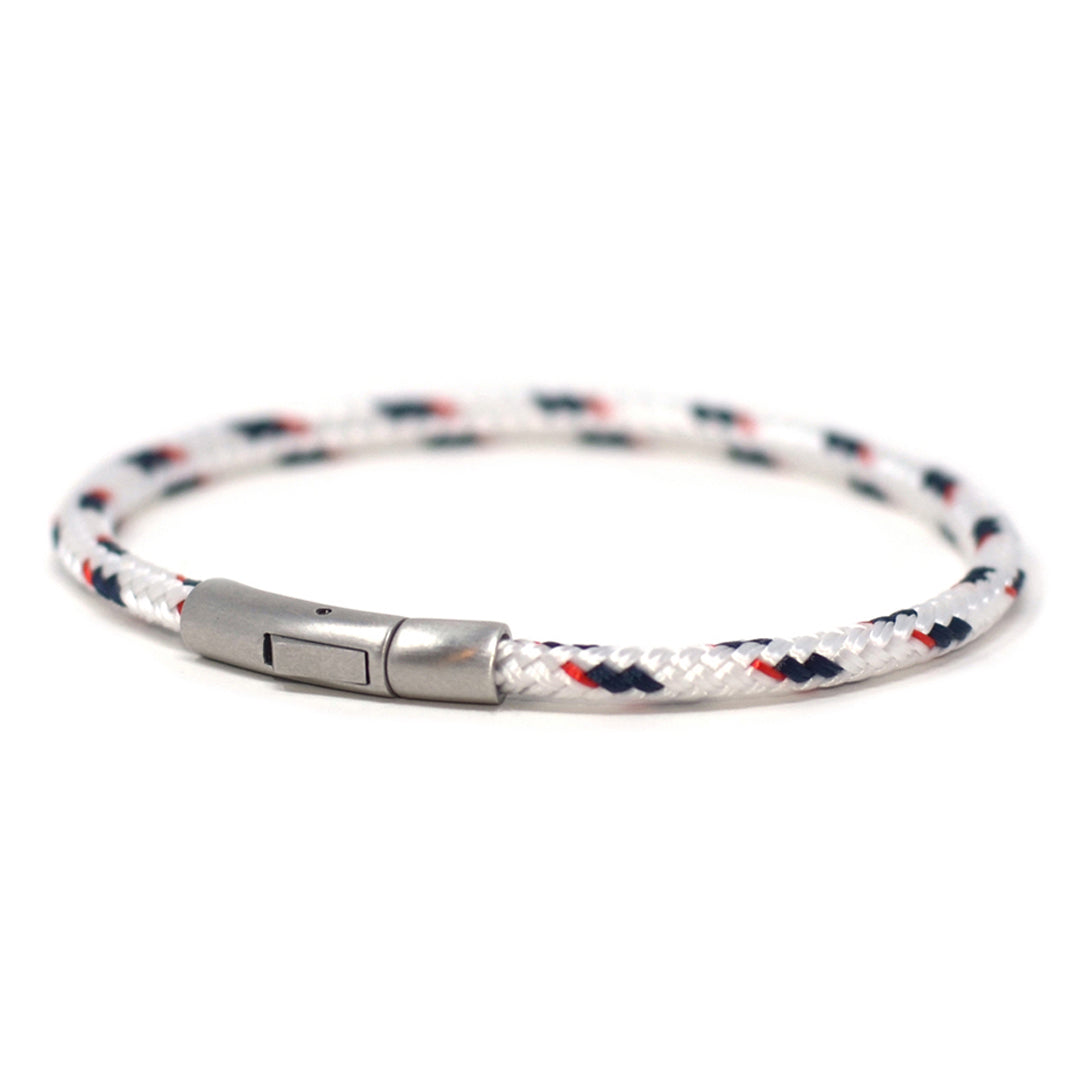 The Chatham Collection: Our streamlined white, navy blue and red nautical rope bracelet featuring a 316L stainless steel clasp and custom USA-made line.