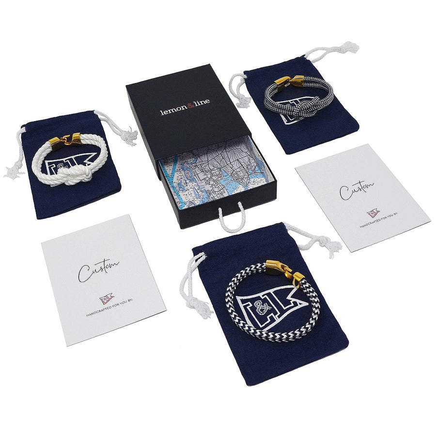 A custom-made Lemon & Line nautical rope bracelet featuring a personalized color combination and 316L stainless steel hardware.