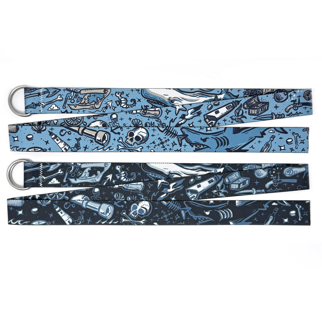 Essex Sky Belt: A light blue 1.5" marine-grade webbing belt featuring signature zig-zag stitching and 316L stainless steel d-rings.