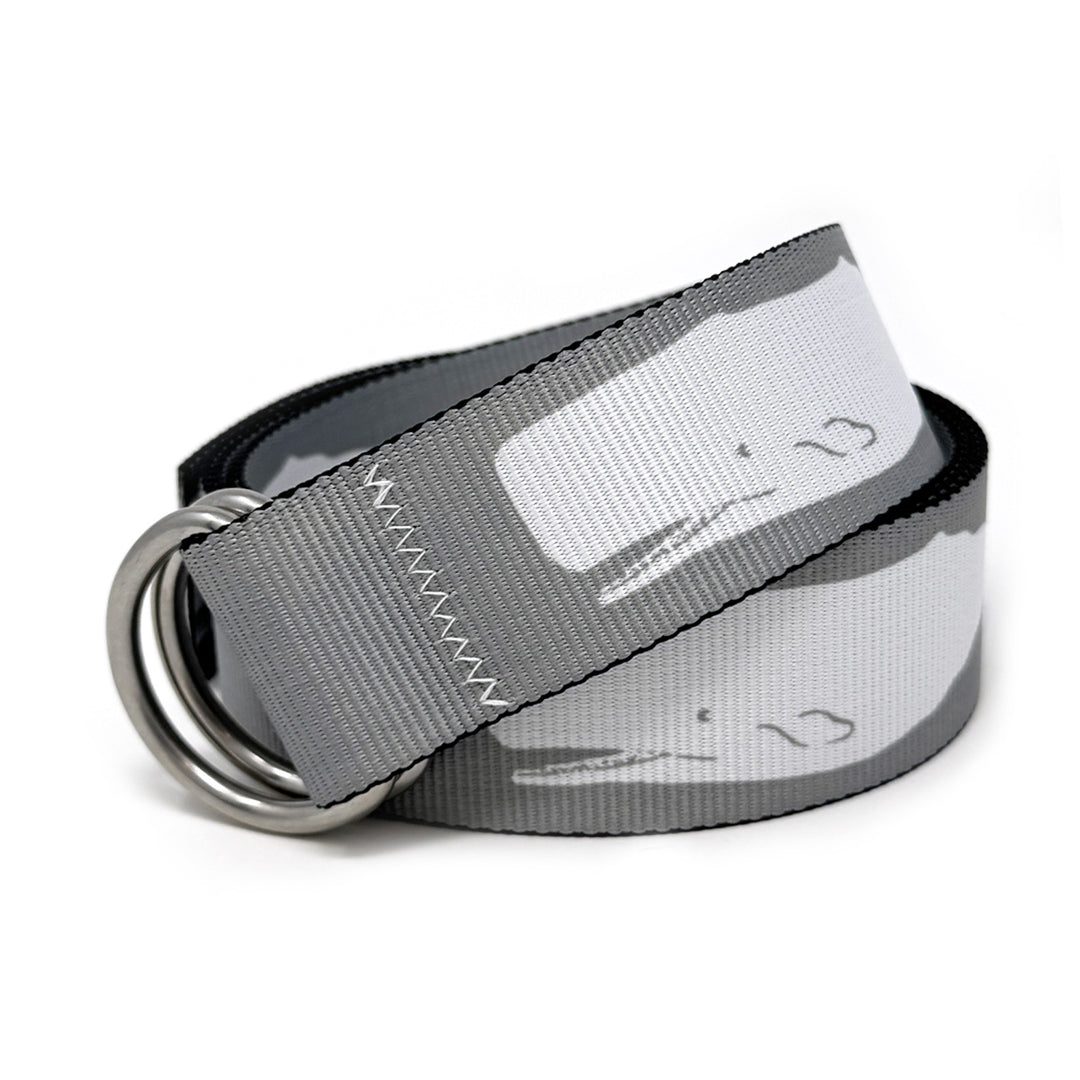 Moby Fog Belt: A grey whale 1.5" marine-grade webbing belt with signature zig-zag stitching and 316L stainless steel d-rings.