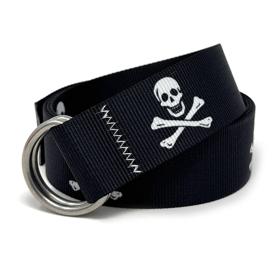 Jolly Roger Belt: A black and grey 1.5" marine-grade webbing belt with pirate flag motif, signature zig-zag stitching, and 316L stainless steel d-rings.