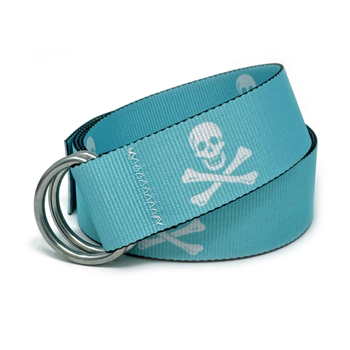 Jolly Roger Belt: A turquoise 1.5" marine-grade webbing belt with pirate flag motif, signature zig-zag stitching, and 316L stainless steel d-rings.