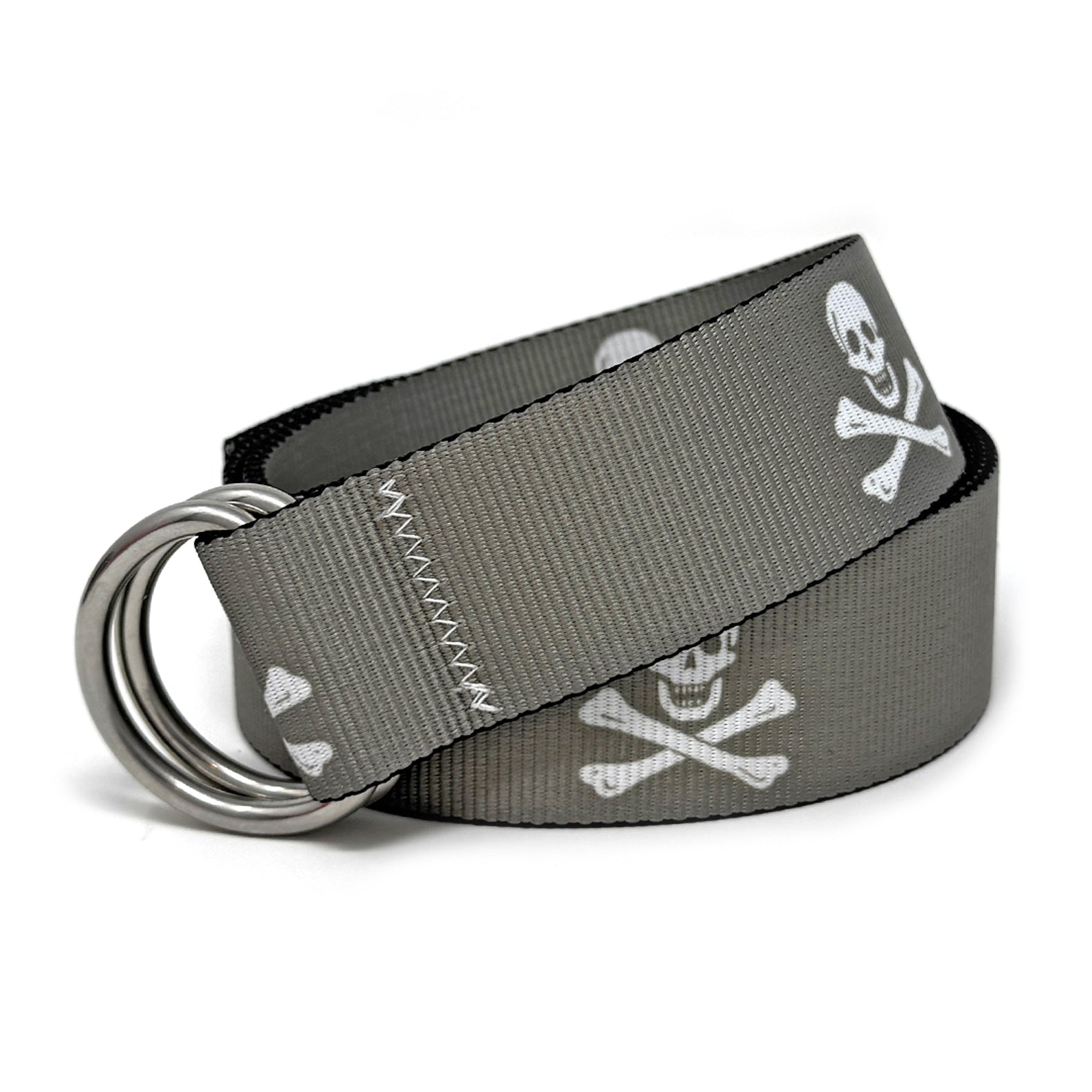 Jolly Roger Belt: A grey 1.5" marine-grade webbing belt with pirate flag motif, signature zig-zag stitching, and 316L stainless steel d-rings.