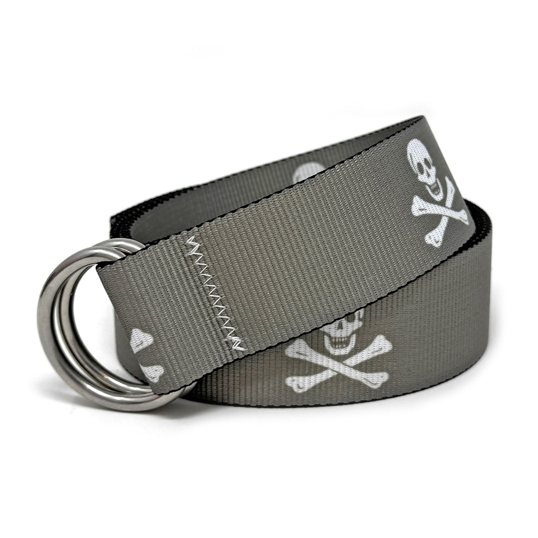Jolly Roger Belt: A grey 1.5" marine-grade webbing belt with pirate flag motif, signature zig-zag stitching, and 316L stainless steel d-rings.