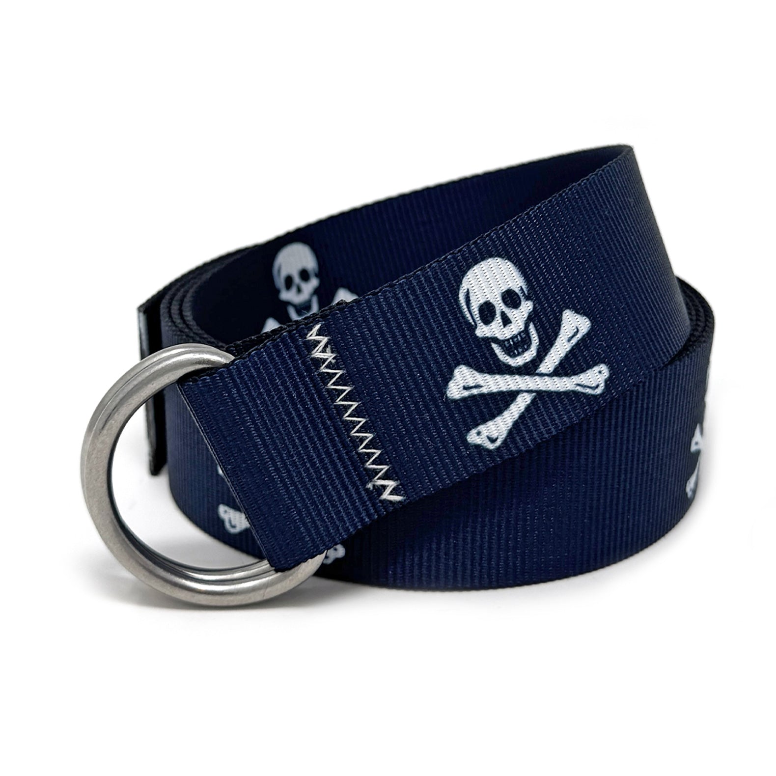 Jolly Roger Belt: A navy blue 1.5" marine-grade webbing belt with pirate flag motif, signature zig-zag stitching, and 316L stainless steel d-rings.