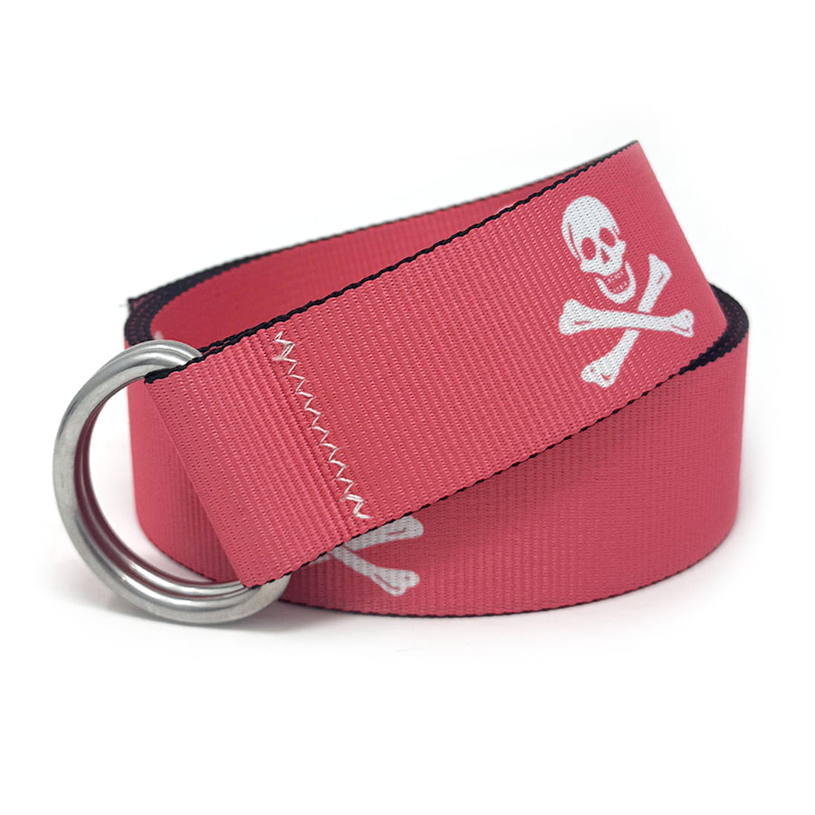 Jolly Roger Belt: A pink 1.5" marine-grade webbing belt with pirate flag motif, signature zig-zag stitching, and 316L stainless steel d-rings.