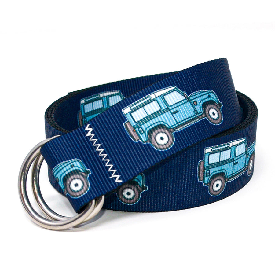 D90 Belt: A navy blue 1.5" marine-grade webbing belt featuring signature zig-zag stitching and 316L stainless steel d-rings.