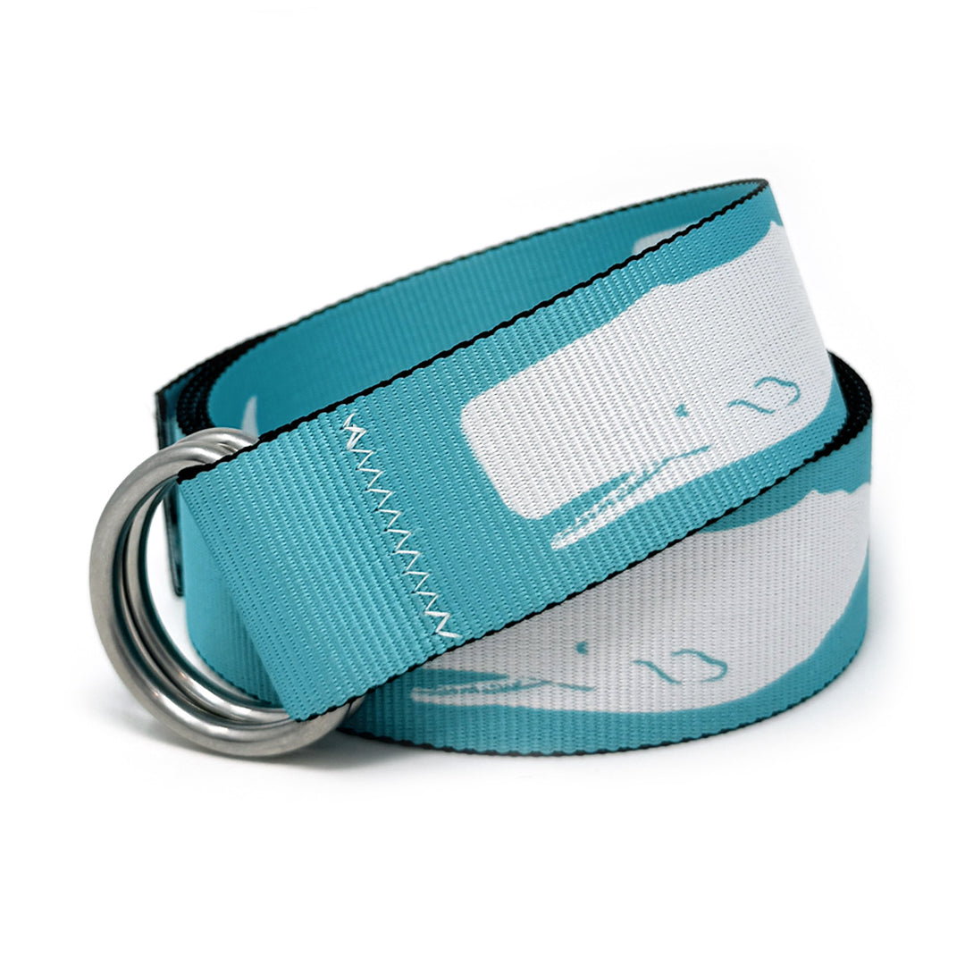 Moby Seaglass Belt: A turquoise whale 1.5" marine-grade webbing belt with signature zig-zag stitching and 316L stainless steel d-rings.