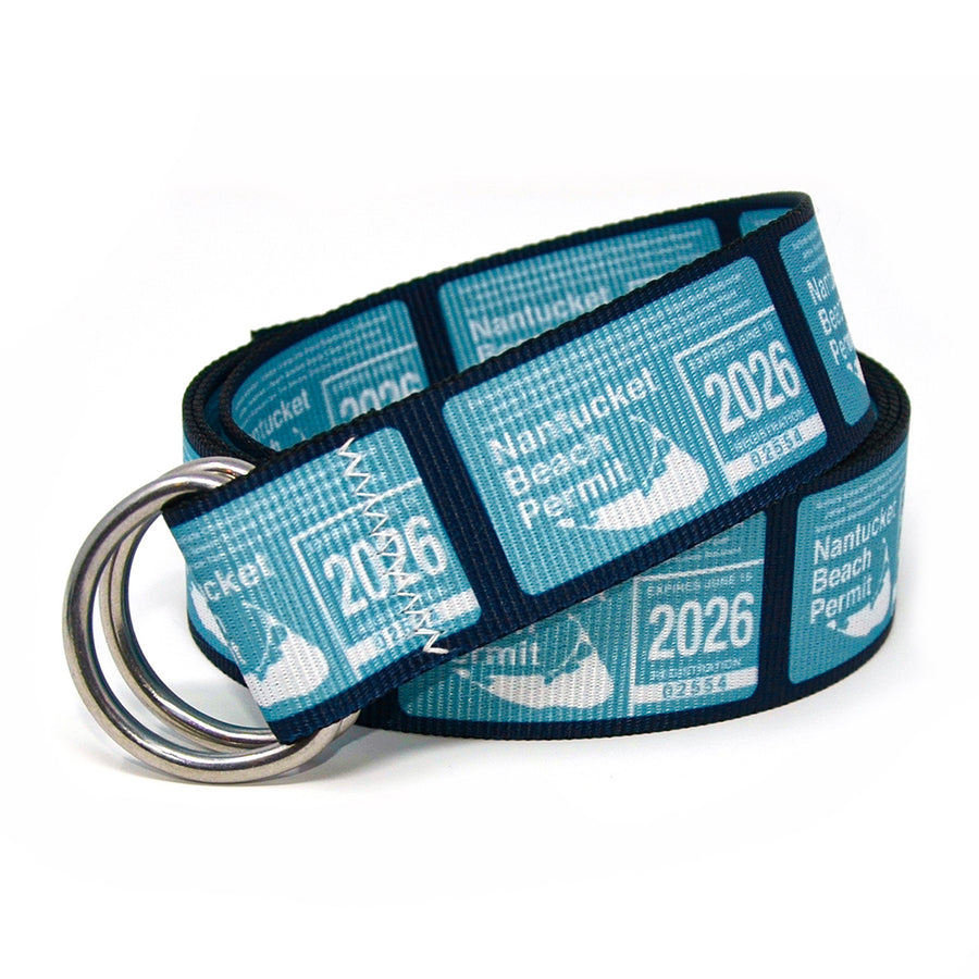 Nantucket Beach Permit Belt: A navy blue 1.5" marine-grade webbing belt featuring signature zig-zag stitching and 316L stainless steel d-rings.